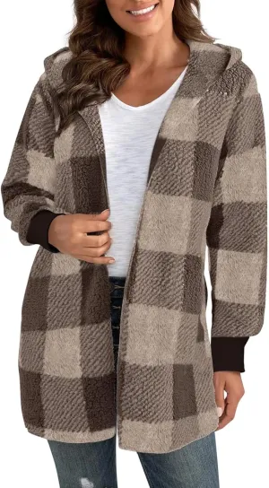 GOFULY Cardigans For Women Trendy Winter Open Front Fuzzy Fleece Hoodie Plaid Sherpa Jackets Winter Y2K Fall Coats Outfits