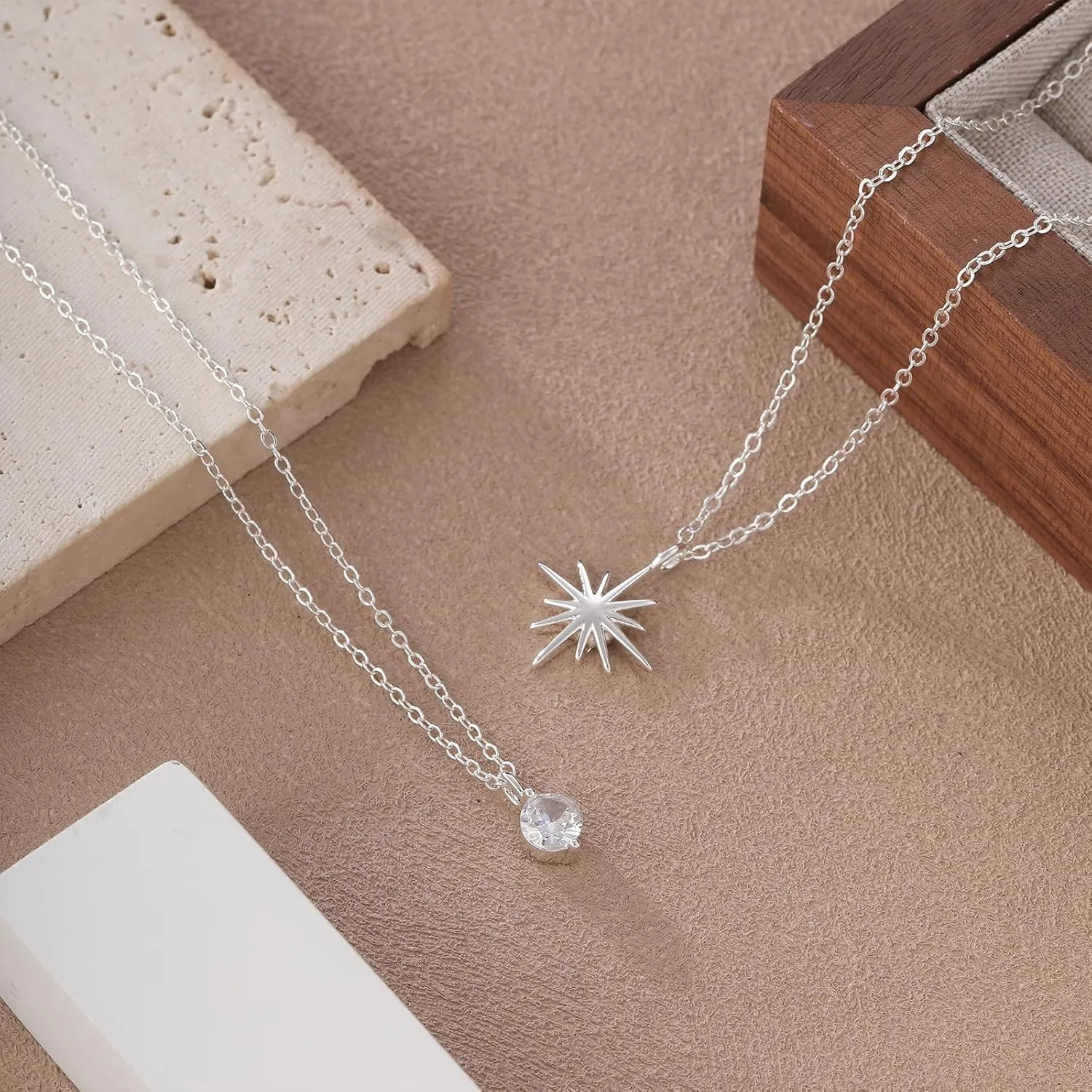 Gold Layered Necklace for Woman 14K Real Gold Silver Necklace Set Dainty Herringbone Necklace Trendy Choker Necklace Zirconia Pendant Gold Jewelry for Woman Gift