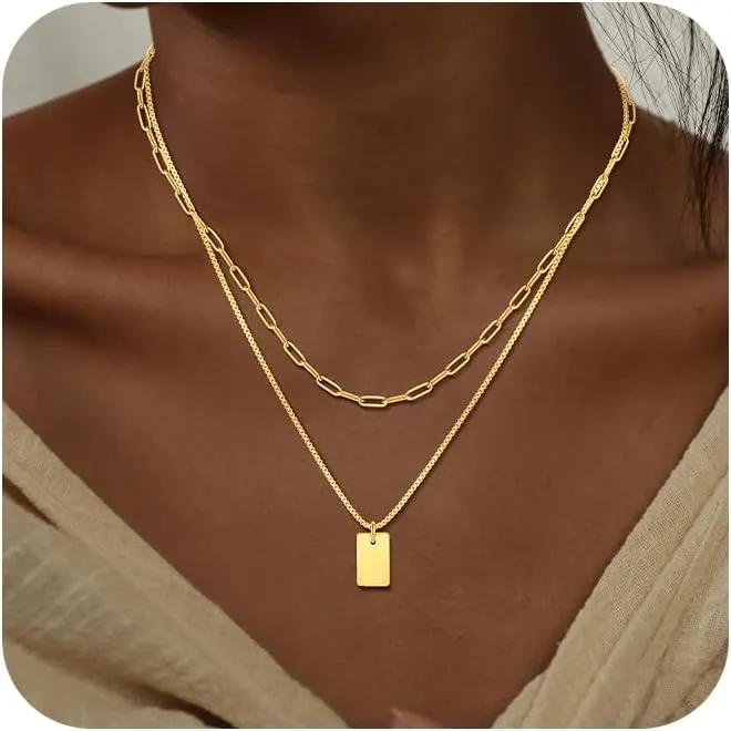 Gold Layered Necklace for Woman 14K Real Gold Silver Necklace Set Dainty Herringbone Necklace Trendy Choker Necklace Zirconia Pendant Gold Jewelry for Woman Gift