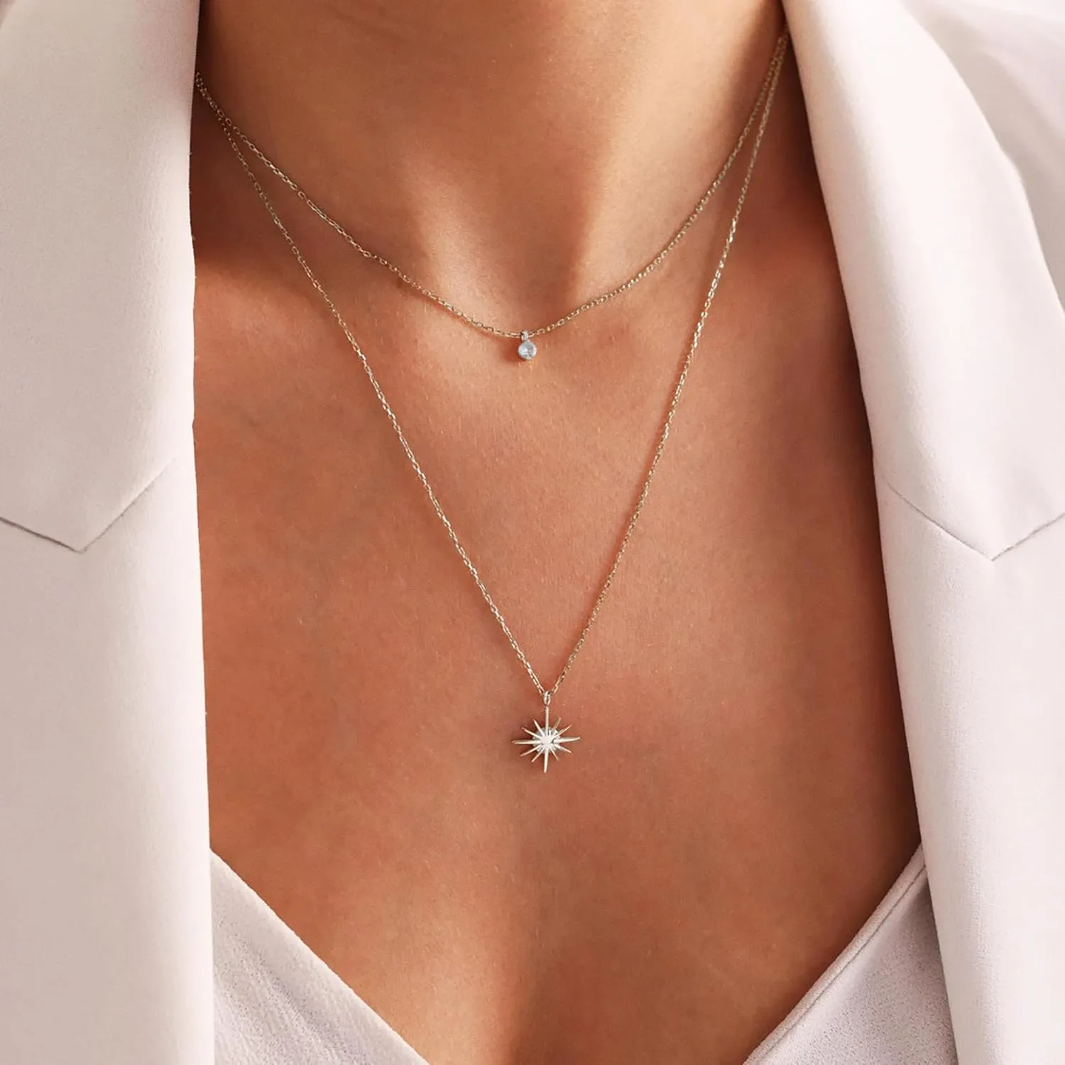Gold Layered Necklace for Woman 14K Real Gold Silver Necklace Set Dainty Herringbone Necklace Trendy Choker Necklace Zirconia Pendant Gold Jewelry for Woman Gift