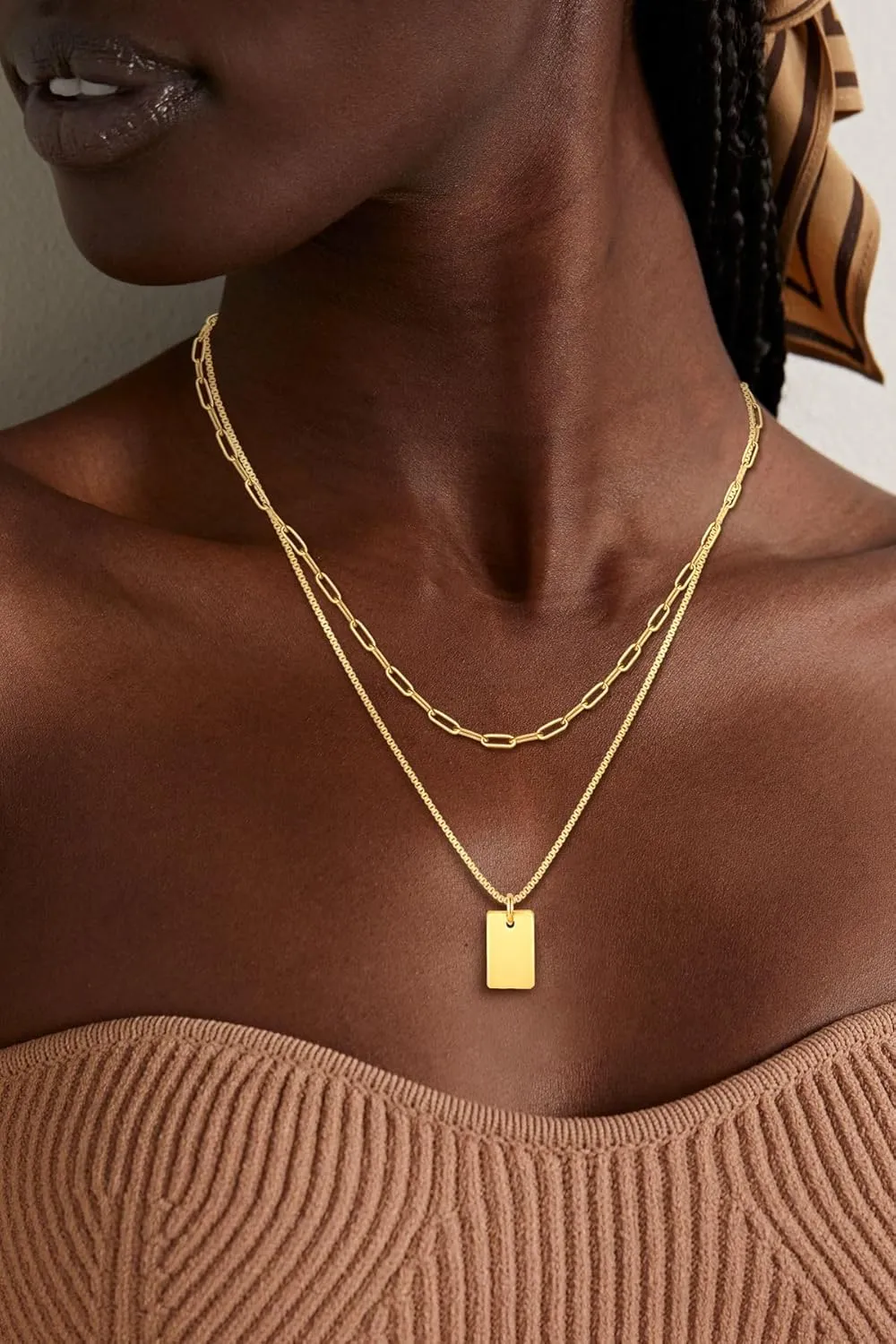 Gold Layered Necklace for Woman 14K Real Gold Silver Necklace Set Dainty Herringbone Necklace Trendy Choker Necklace Zirconia Pendant Gold Jewelry for Woman Gift