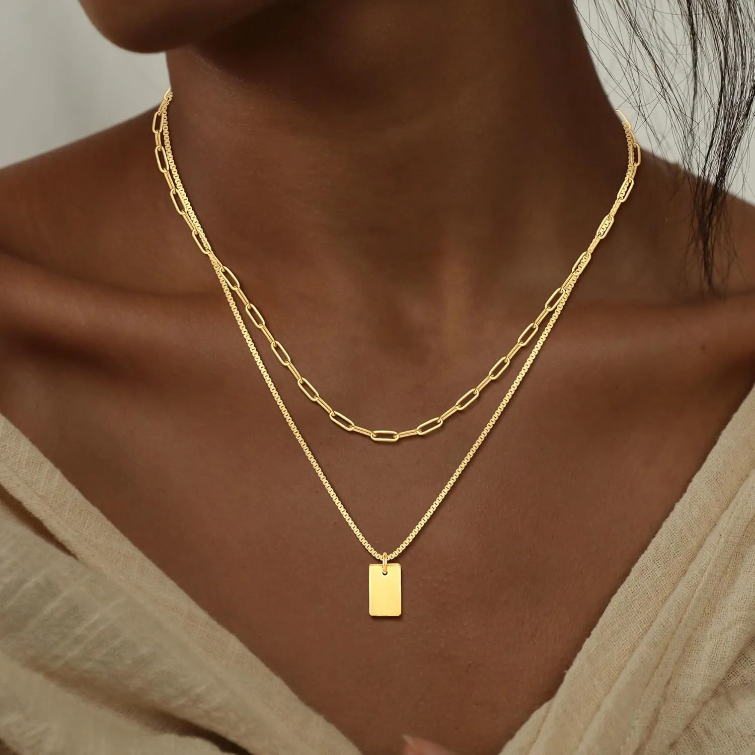 Gold Layered Necklace for Woman 14K Real Gold Silver Necklace Set Dainty Herringbone Necklace Trendy Choker Necklace Zirconia Pendant Gold Jewelry for Woman Gift