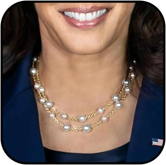 Gold Layered Pearl Chunky Necklace for Women Freshwater Pearl Long Chain Necklace Adjustable Double Pearl Choker Necklace Sparkly Pearl Statement Necklace Costume Prom Jewelry Accessories
