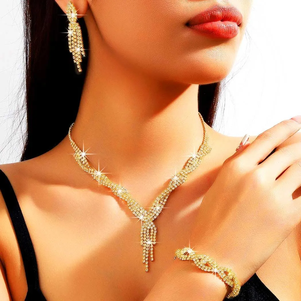 GORAIS Wedding Jewelry Sets Rhinestone Necklace Silver Bridal Prom Jewelry Set for Women and Brides