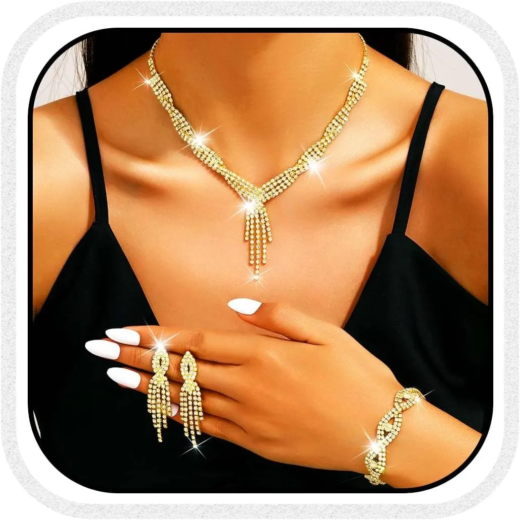 GORAIS Wedding Jewelry Sets Rhinestone Necklace Silver Bridal Prom Jewelry Set for Women and Brides