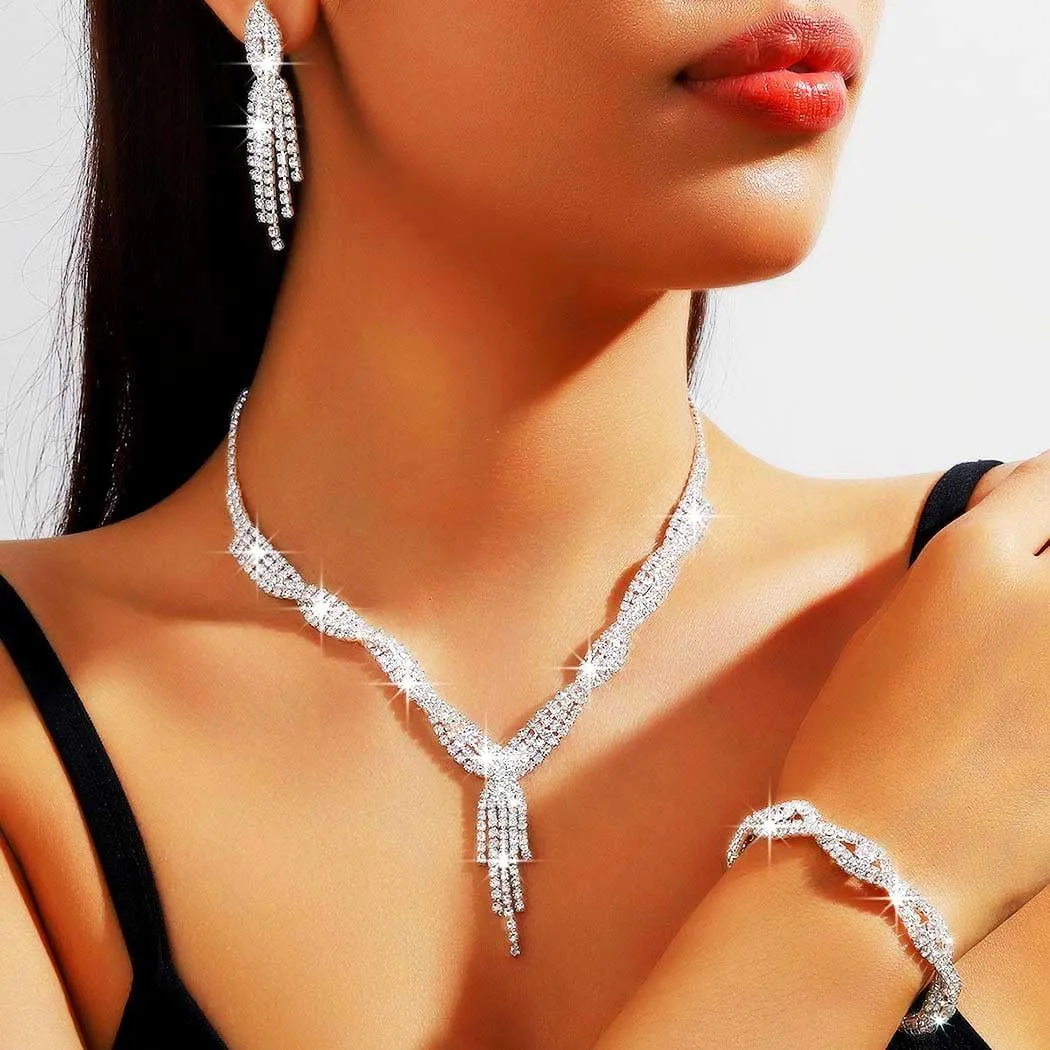 GORAIS Wedding Jewelry Sets Rhinestone Necklace Silver Bridal Prom Jewelry Set for Women and Brides