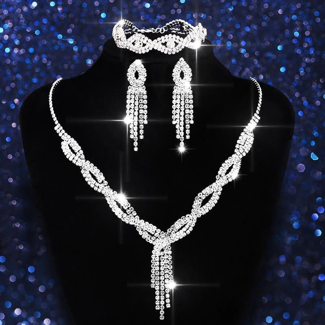 GORAIS Wedding Jewelry Sets Rhinestone Necklace Silver Bridal Prom Jewelry Set for Women and Brides