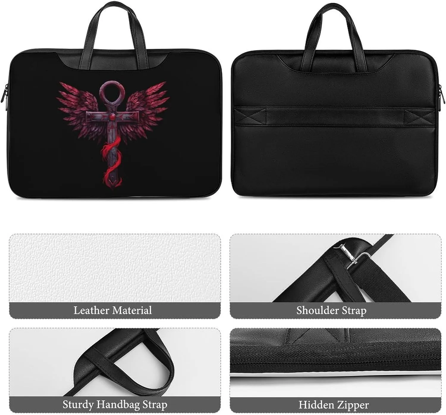 Gothic Silver Ankh Vampire with Red Wings Laptop Tote Bag Waterproof Computer Carrying Case Business Office Briefcase