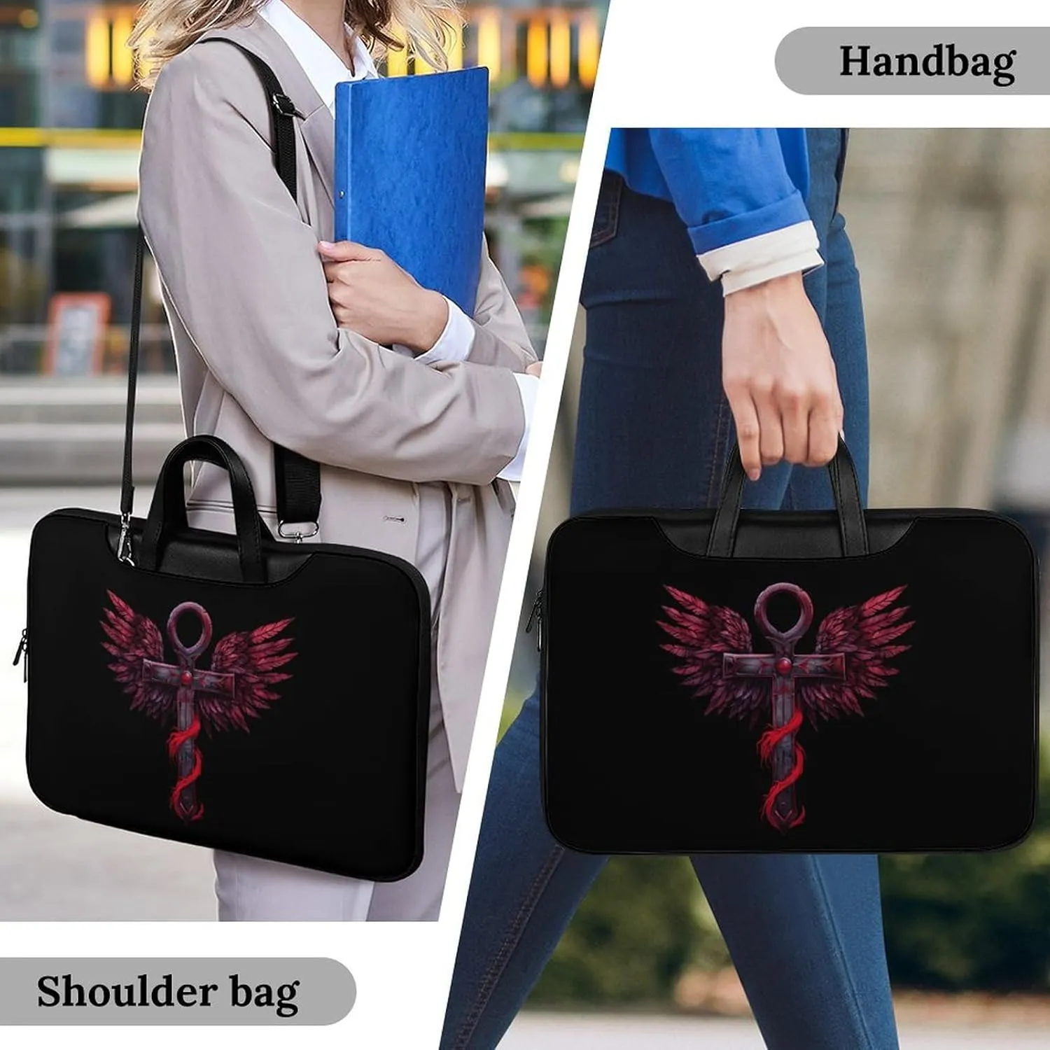 Gothic Silver Ankh Vampire with Red Wings Laptop Tote Bag Waterproof Computer Carrying Case Business Office Briefcase