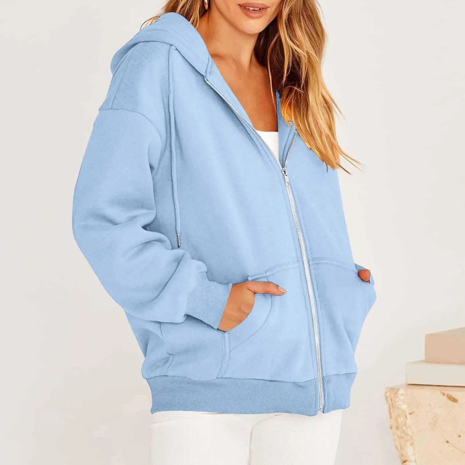 Gumipy Women Zip Up Hoodie Pullover Fleece Drawstring Oversized Sweatshirt Hoodies Long Sleeve Y2K Hoodie with Pockets