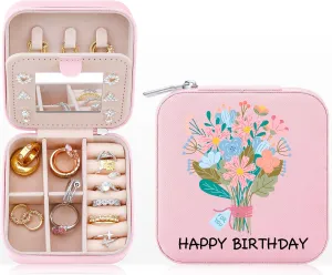 Haoze Birthday gifts Small Travel Jewelry Case Organizer Jewelry Box, Mini Travel Jewelry Box Birthday Gifts for Niece Daughter Granddaughter Gifts Trendy Stuff(Happy Birthday)