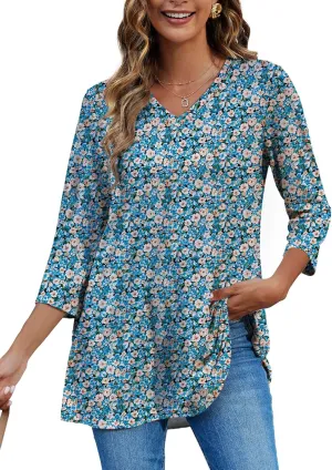 HDLTE 3/4 Length Sleeve Womens Tops V Neck Loose Fit Flowy Oversized Tshirts Floral Swing Flare Tunics