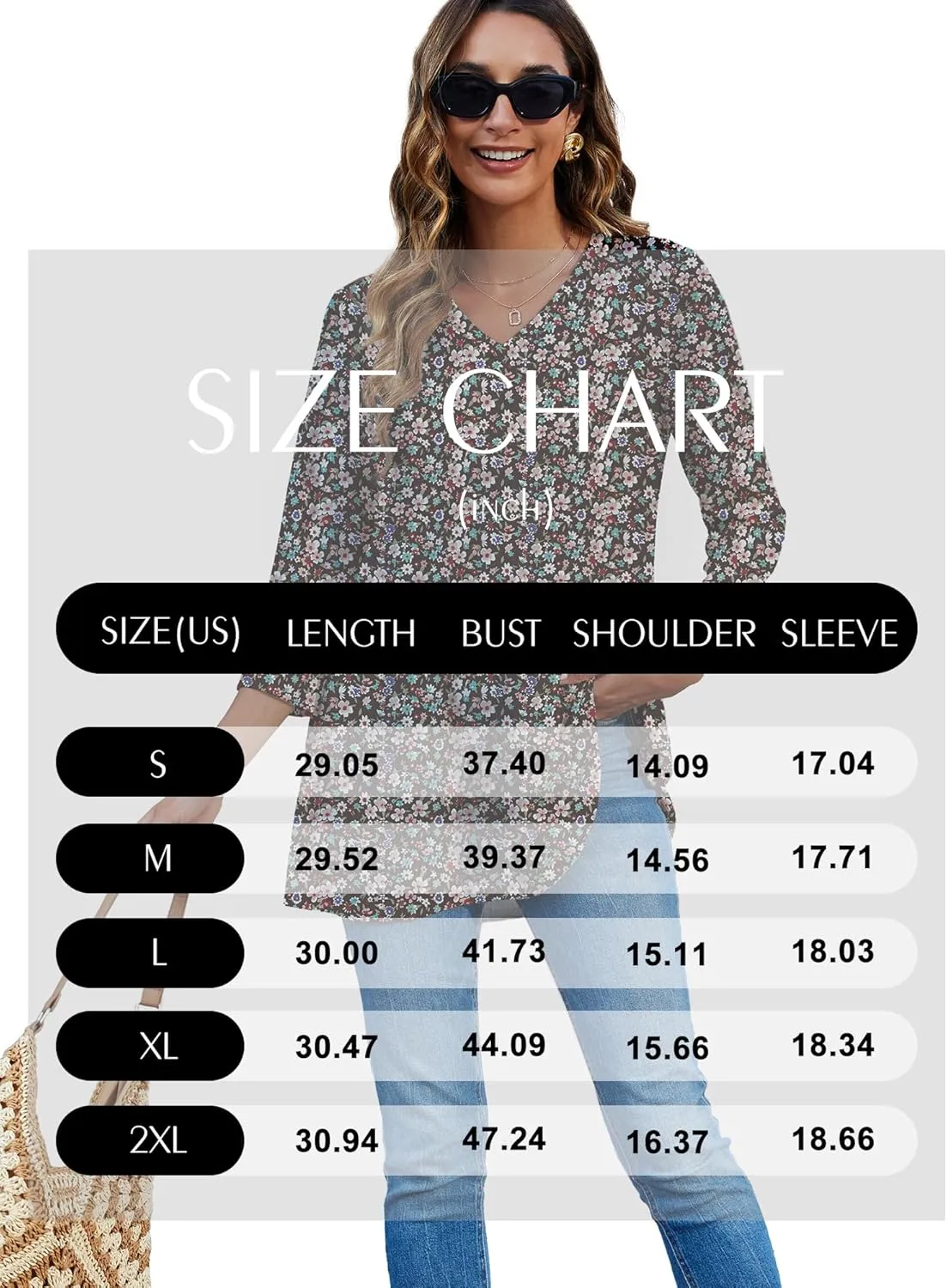 HDLTE 3/4 Length Sleeve Womens Tops V Neck Loose Fit Flowy Oversized Tshirts Floral Swing Flare Tunics