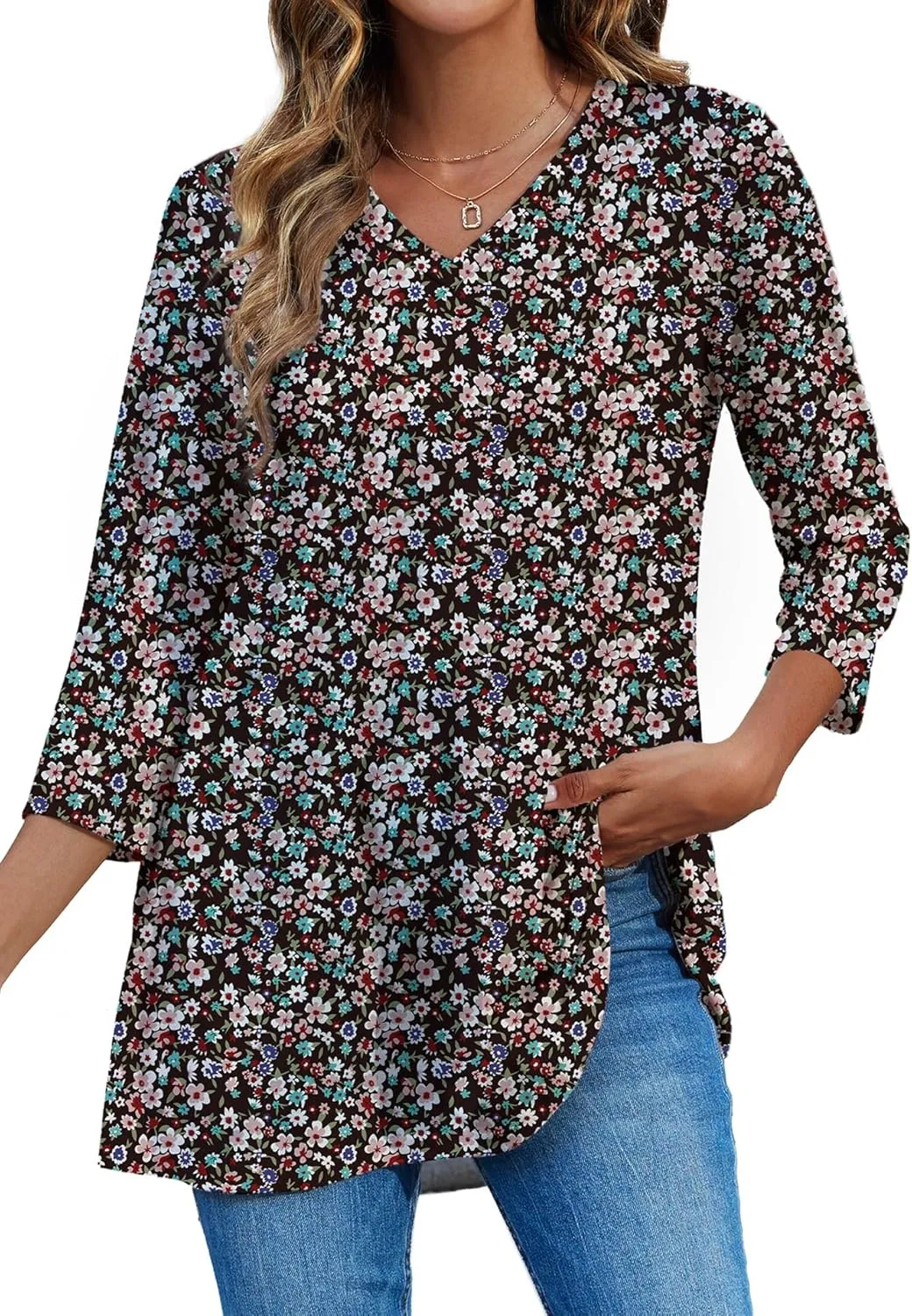 HDLTE 3/4 Length Sleeve Womens Tops V Neck Loose Fit Flowy Oversized Tshirts Floral Swing Flare Tunics