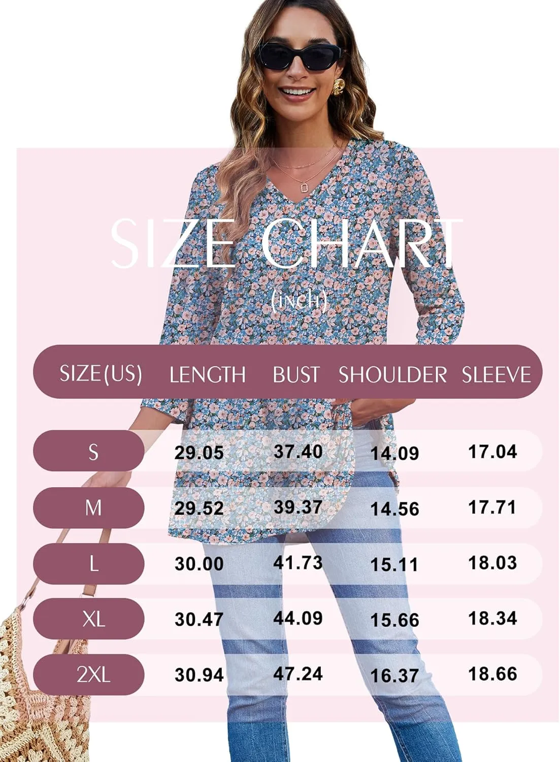 HDLTE 3/4 Length Sleeve Womens Tops V Neck Loose Fit Flowy Oversized Tshirts Floral Swing Flare Tunics