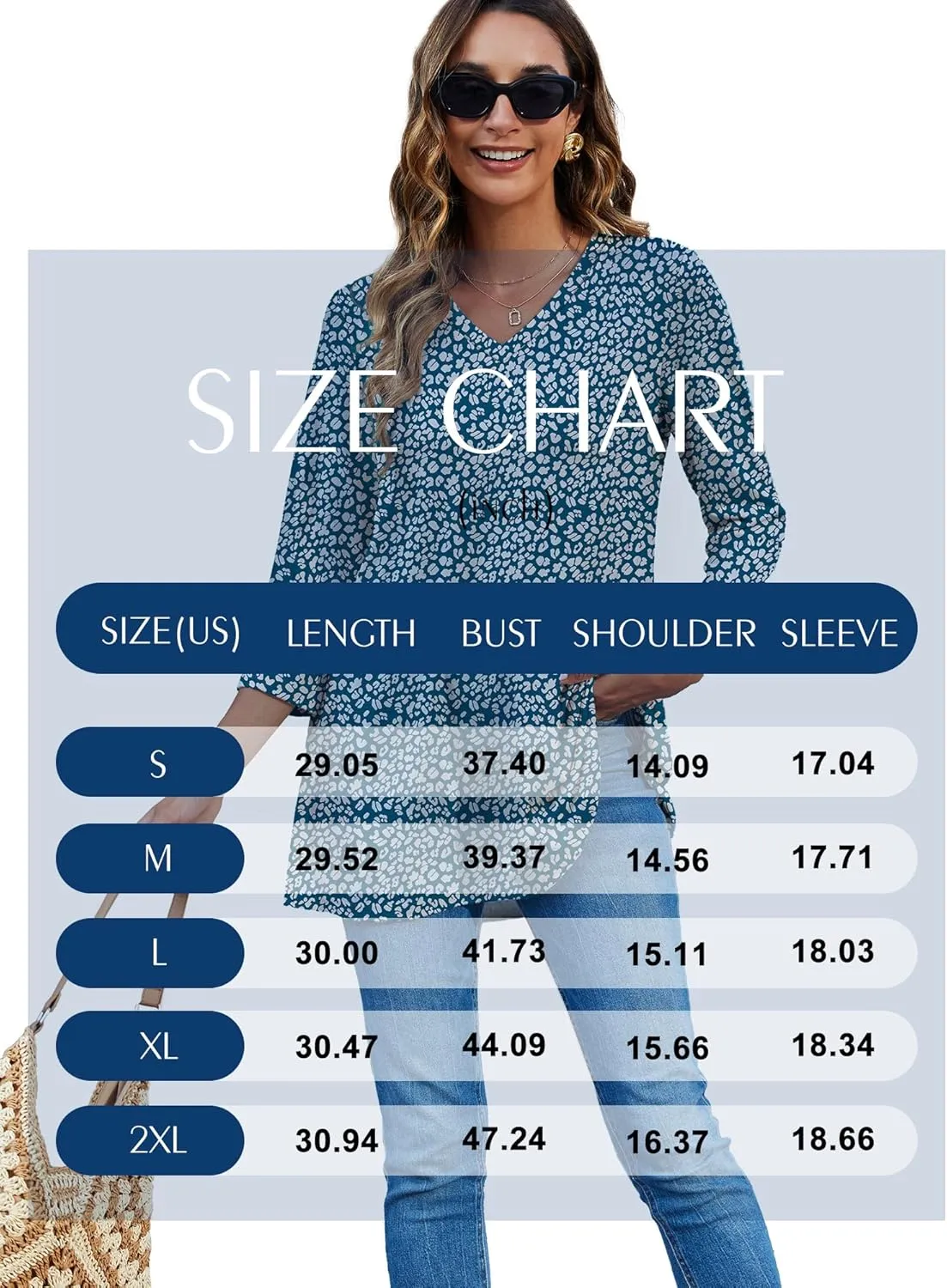 HDLTE 3/4 Length Sleeve Womens Tops V Neck Loose Fit Flowy Oversized Tshirts Floral Swing Flare Tunics