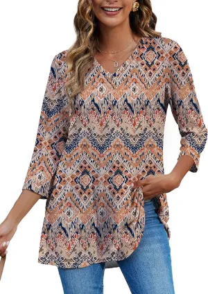HDLTE 3/4 Length Sleeve Womens Tops V Neck Loose Fit Flowy Oversized Tshirts Floral Swing Flare Tunics