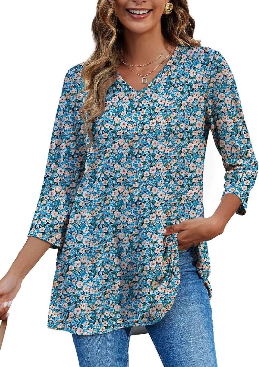 HDLTE 3/4 Length Sleeve Womens Tops V Neck Loose Fit Flowy Oversized Tshirts Floral Swing Flare Tunics