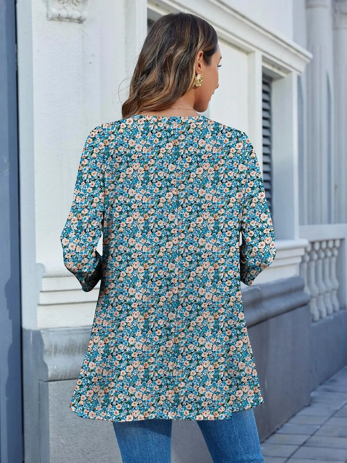 HDLTE 3/4 Length Sleeve Womens Tops V Neck Loose Fit Flowy Oversized Tshirts Floral Swing Flare Tunics