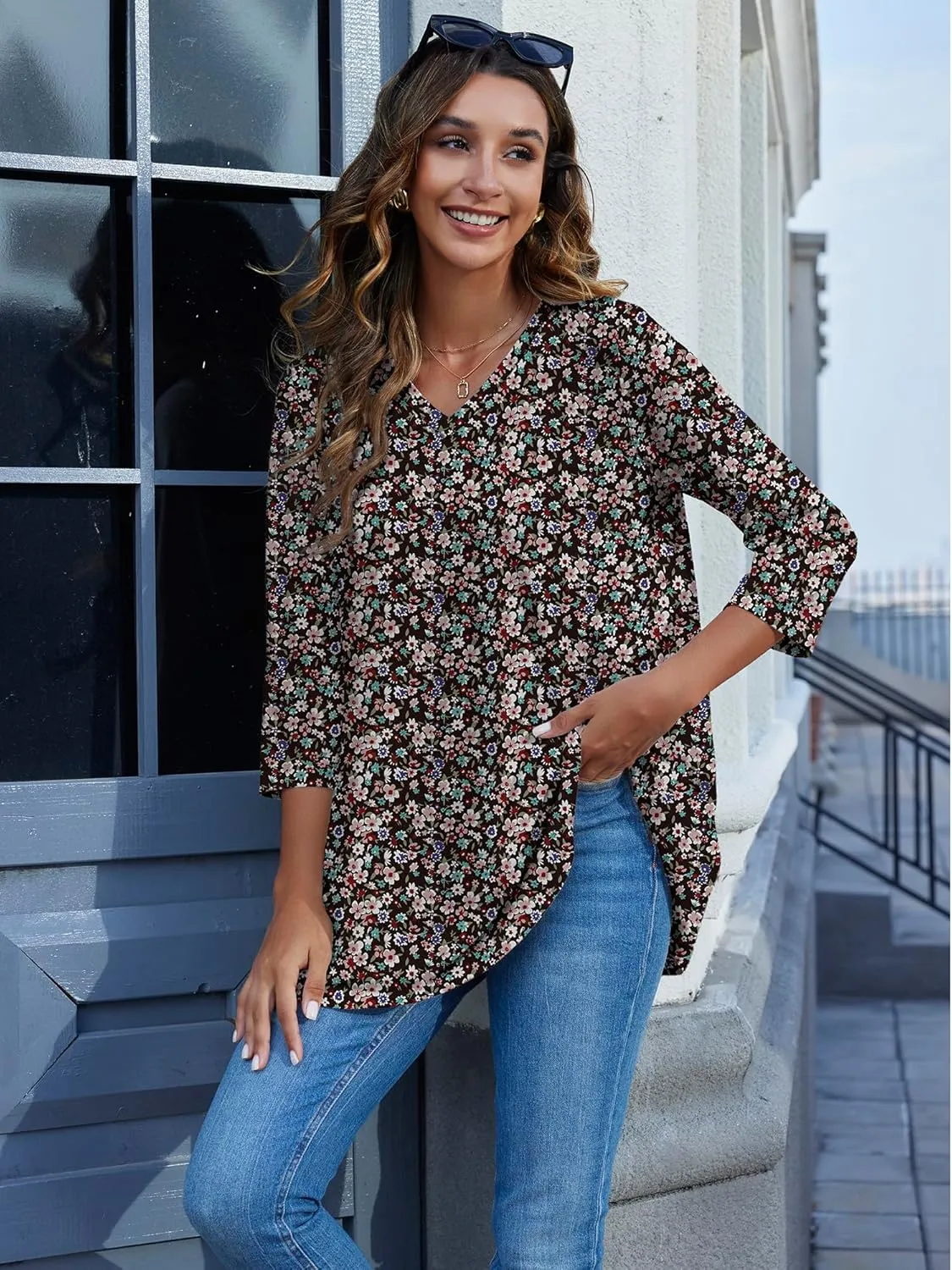 HDLTE 3/4 Length Sleeve Womens Tops V Neck Loose Fit Flowy Oversized Tshirts Floral Swing Flare Tunics