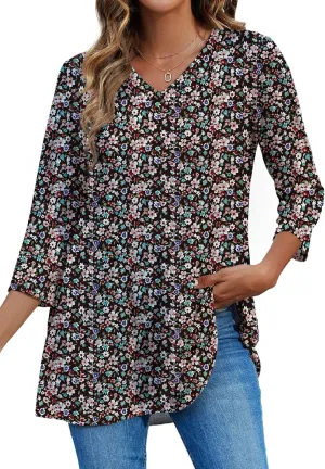 HDLTE 3/4 Length Sleeve Womens Tops V Neck Loose Fit Flowy Oversized Tshirts Floral Swing Flare Tunics
