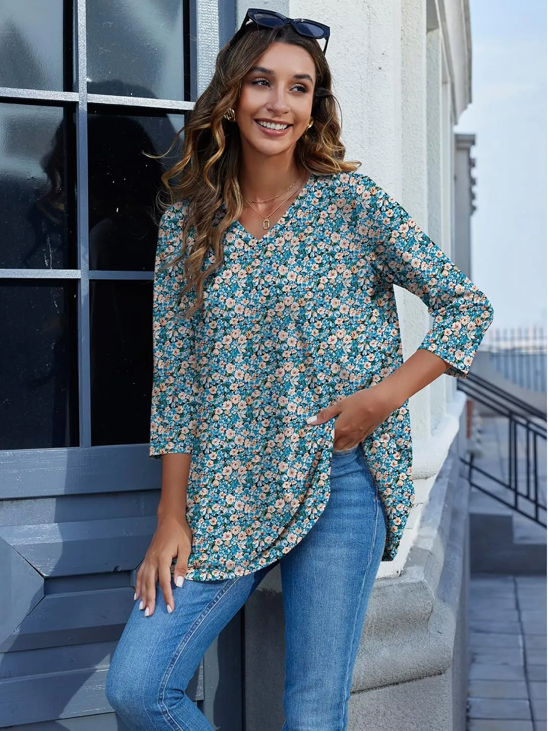 HDLTE 3/4 Length Sleeve Womens Tops V Neck Loose Fit Flowy Oversized Tshirts Floral Swing Flare Tunics