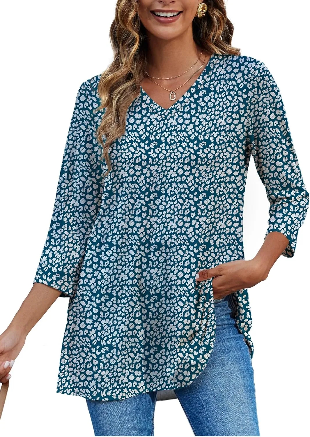 HDLTE 3/4 Length Sleeve Womens Tops V Neck Loose Fit Flowy Oversized Tshirts Floral Swing Flare Tunics