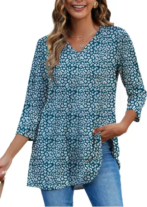 HDLTE 3/4 Length Sleeve Womens Tops V Neck Loose Fit Flowy Oversized Tshirts Floral Swing Flare Tunics
