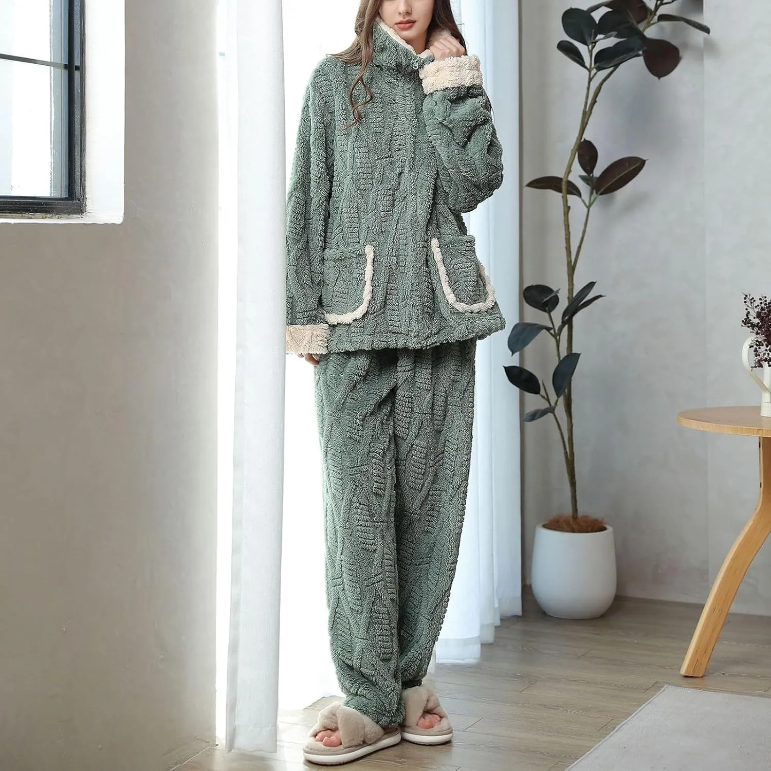 HTHLVMD Womens Robe Pajamas Winter Fashion 2024 Homewear Fuzzy Sherpa Warm Sleepwear Loose Relax Robe Pajamas for Women
