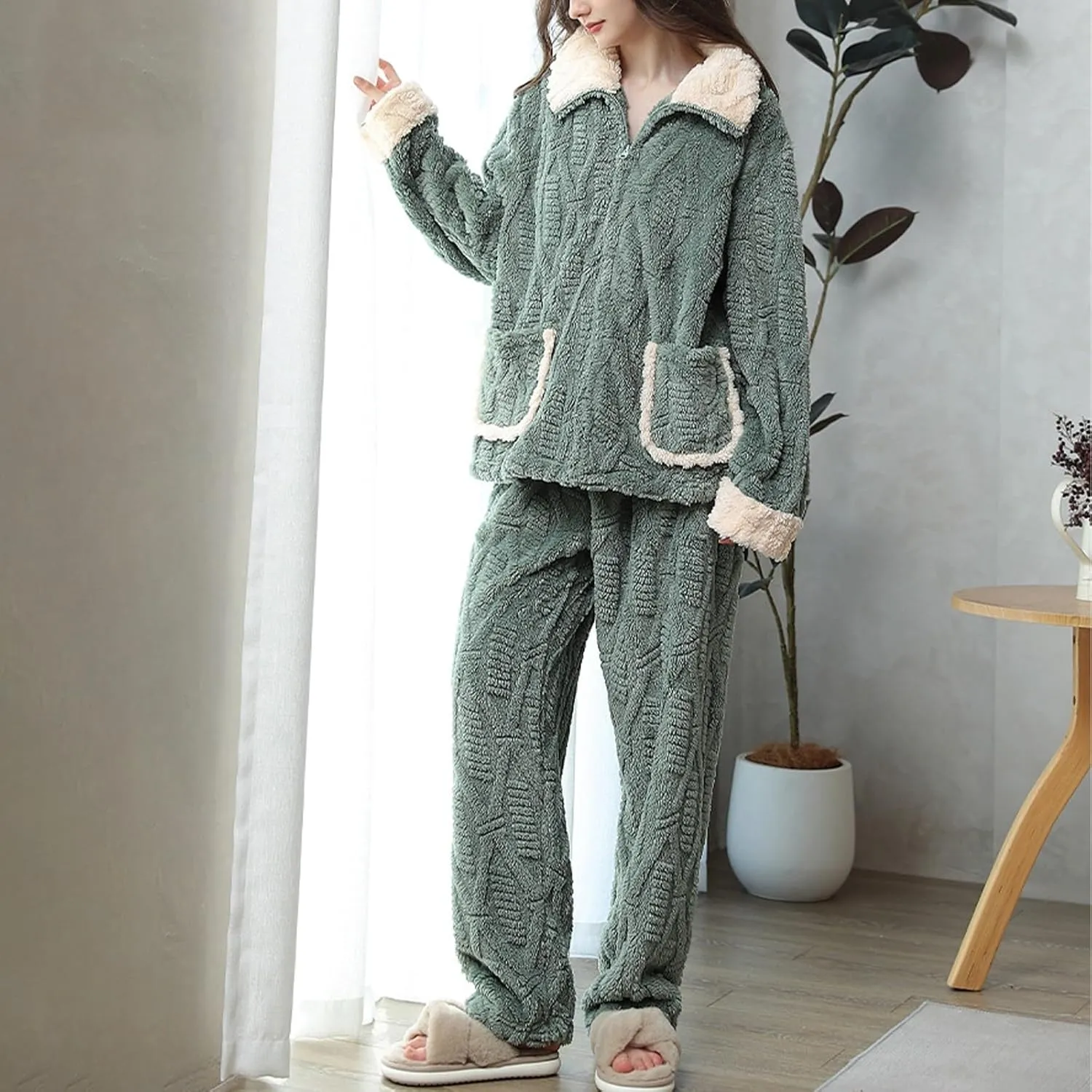 HTHLVMD Womens Robe Pajamas Winter Fashion 2024 Homewear Fuzzy Sherpa Warm Sleepwear Loose Relax Robe Pajamas for Women