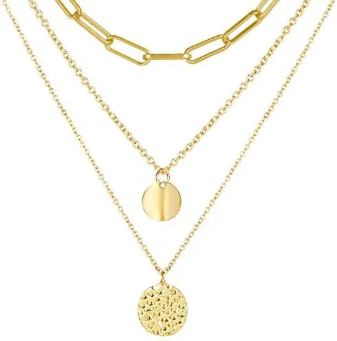 HUASAI Layered Paperclip Chain Link Necklace for Women,Dainty Disc Chokers Necklace Layered Circle Necklace Bar Necklace Minimalist Simple Boho Jewelry