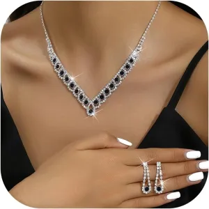 HUASAI Silver Jewelry Set Wedding Jewelry Sets for Brides Bridesmaid Crystal Necklace and Earrings Set Formal Prom Accessories for Wedding Day Costume Jewelry for Women