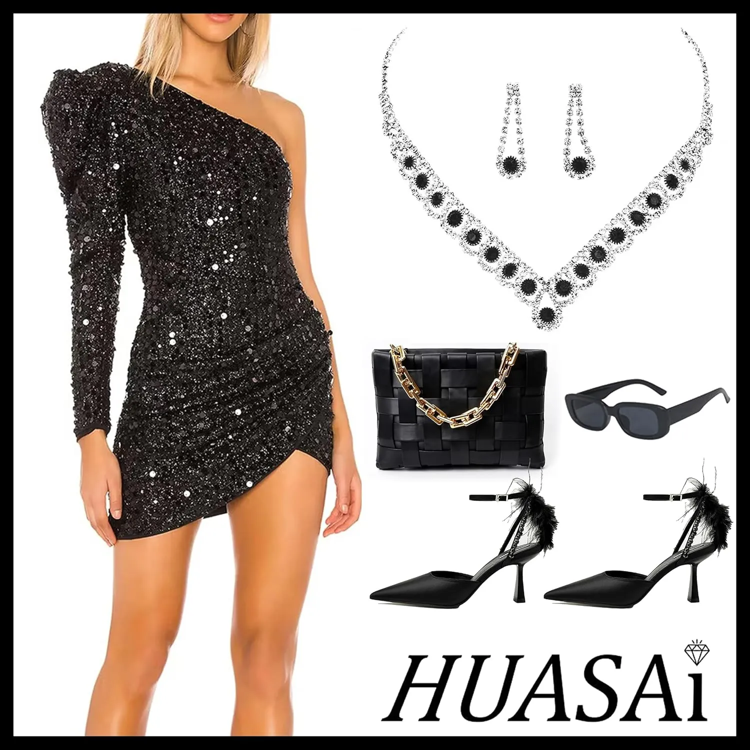 HUASAI Silver Jewelry Set Wedding Jewelry Sets for Brides Bridesmaid Crystal Necklace and Earrings Set Formal Prom Accessories for Wedding Day Costume Jewelry for Women