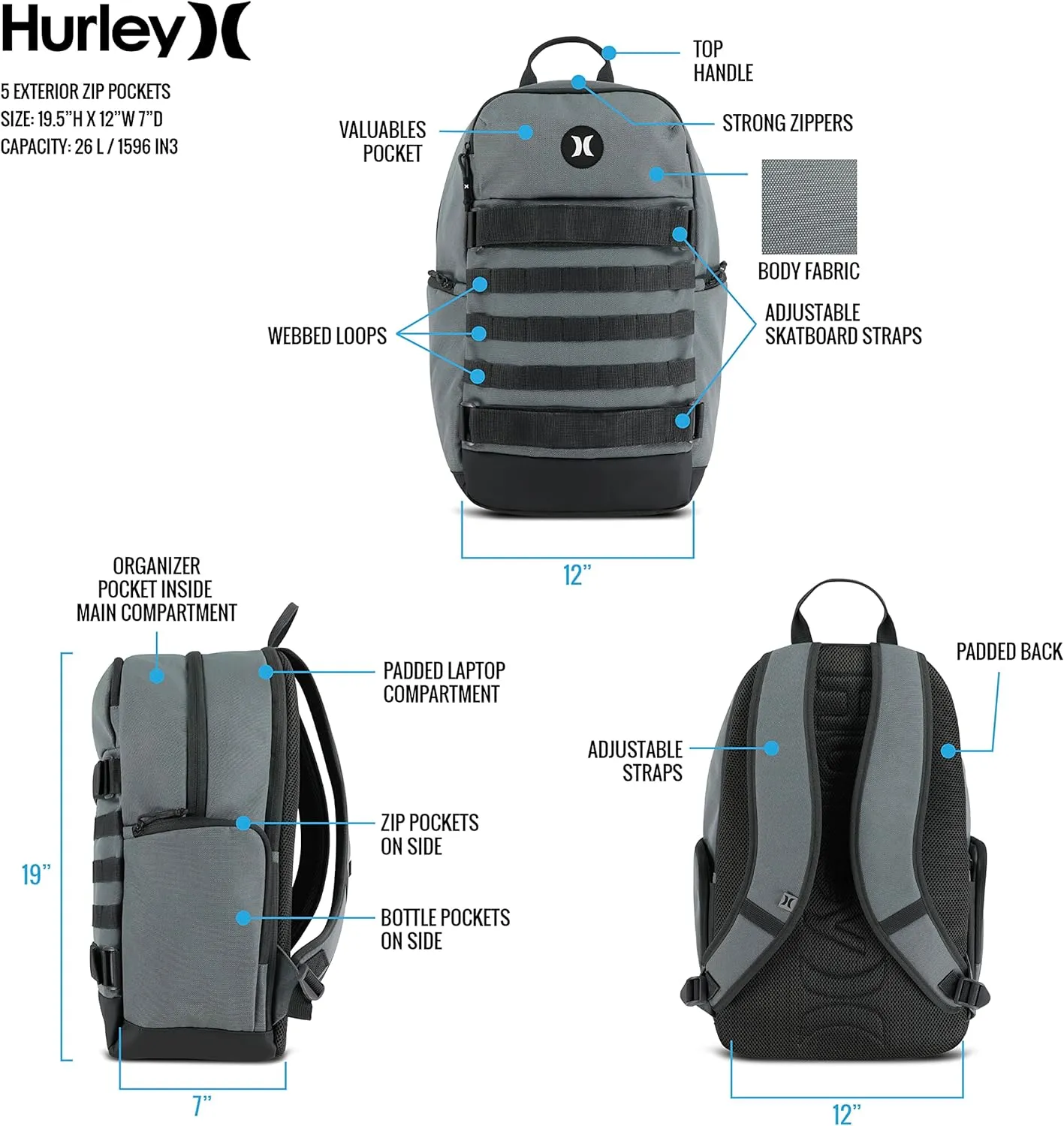 Hurley Mens Skateboard Backpack, Cool Grey, One Size