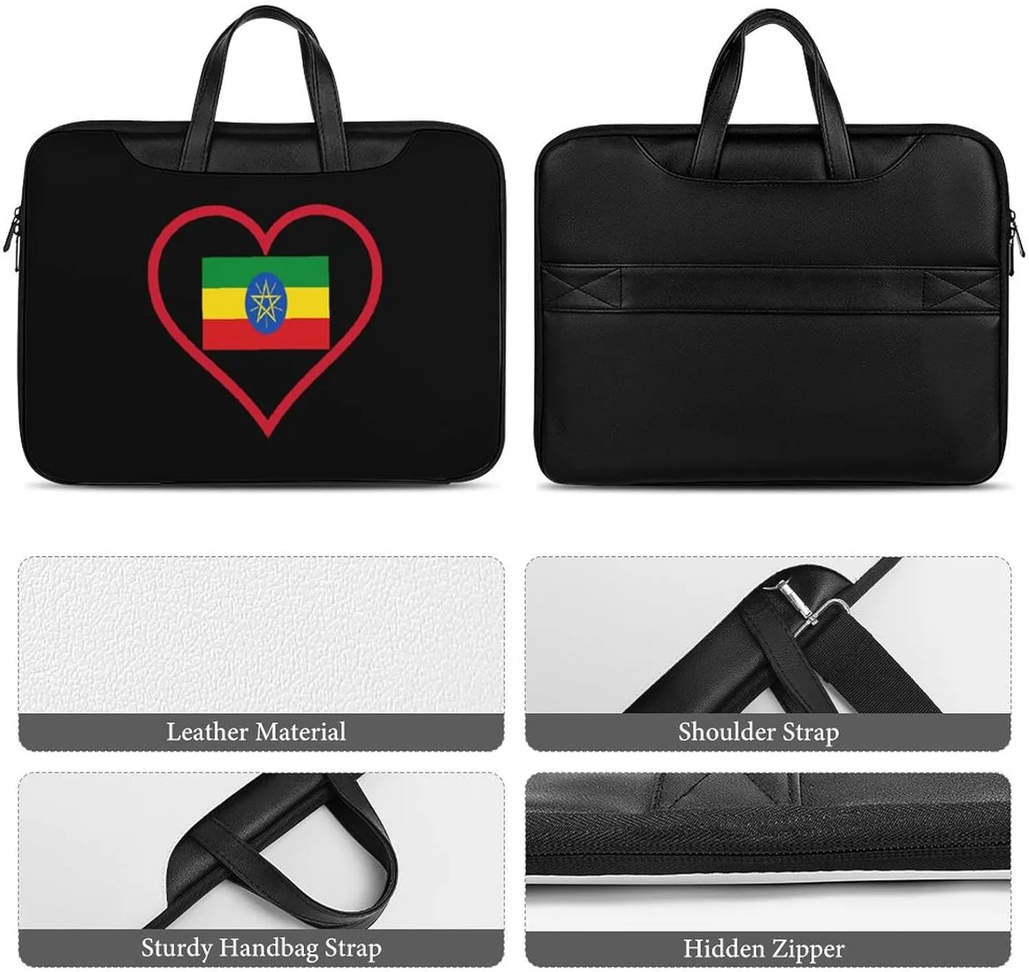I Love Ethiopia Red Heart Leather Bag Laptop Case Slim Water Resistant Computer Bags with Handle Briefcase for Work
