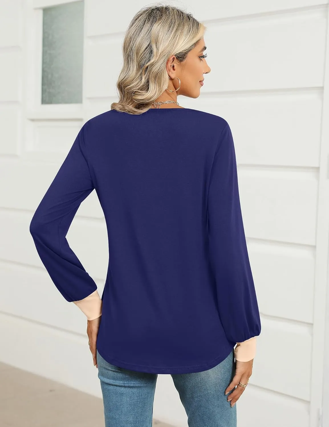 IECCP Women's V Neck Tunic Shirts Dressy Casual Color Block Tops Puff Long Sleeve Floral Blouses Relaxed Fit