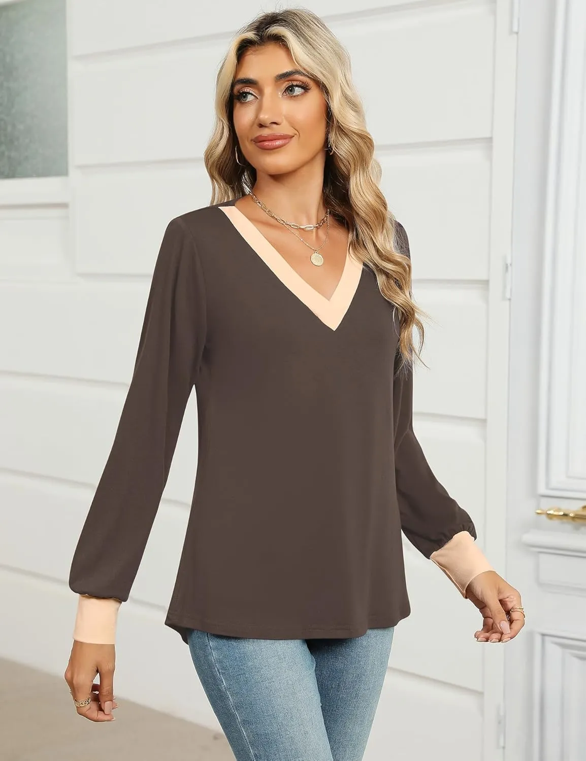 IECCP Women's V Neck Tunic Shirts Dressy Casual Color Block Tops Puff Long Sleeve Floral Blouses Relaxed Fit