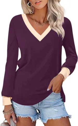 IECCP Women's V Neck Tunic Shirts Dressy Casual Color Block Tops Puff Long Sleeve Floral Blouses Relaxed Fit
