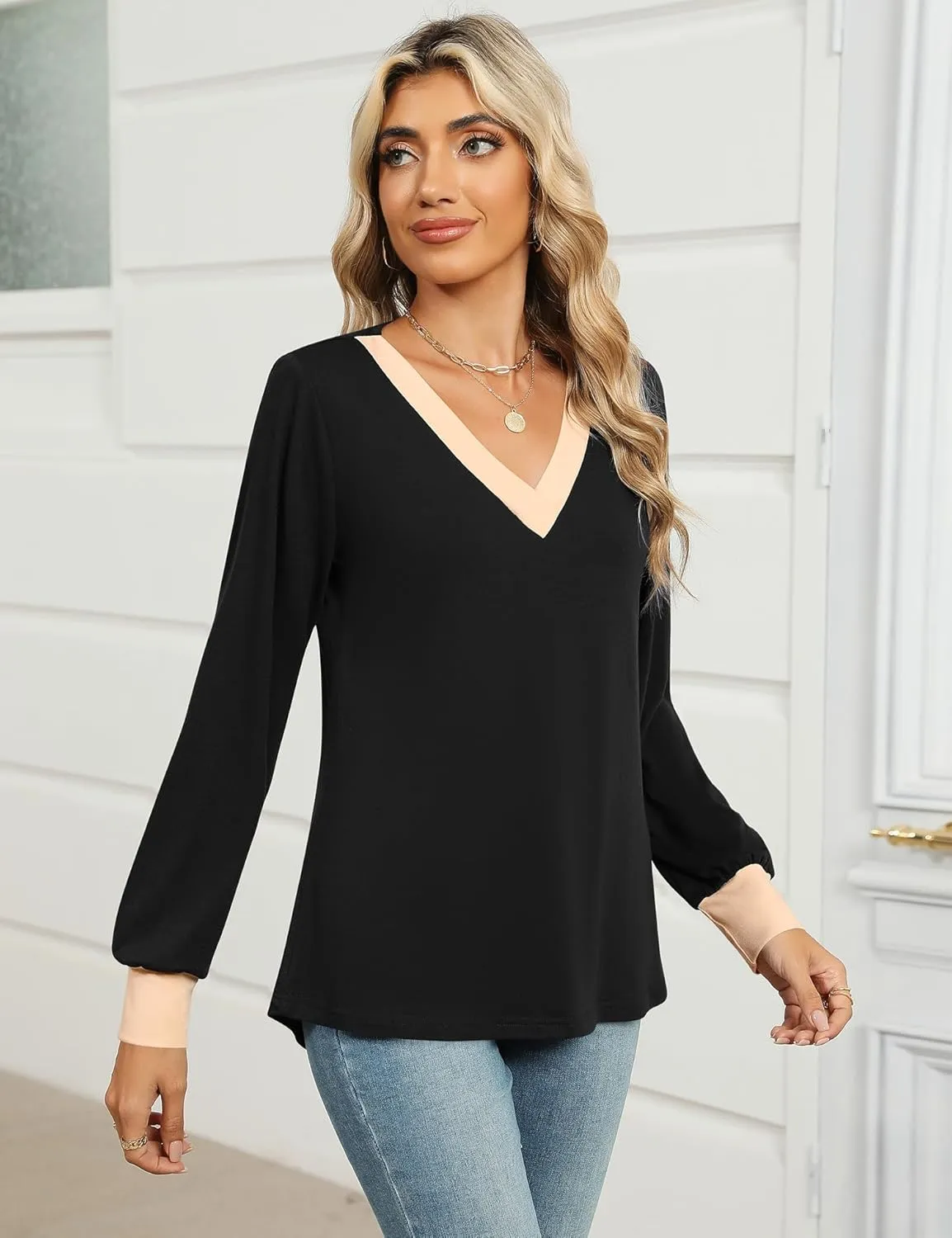 IECCP Women's V Neck Tunic Shirts Dressy Casual Color Block Tops Puff Long Sleeve Floral Blouses Relaxed Fit