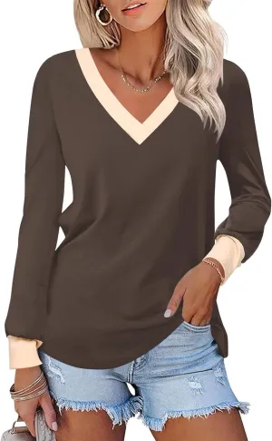 IECCP Women's V Neck Tunic Shirts Dressy Casual Color Block Tops Puff Long Sleeve Floral Blouses Relaxed Fit