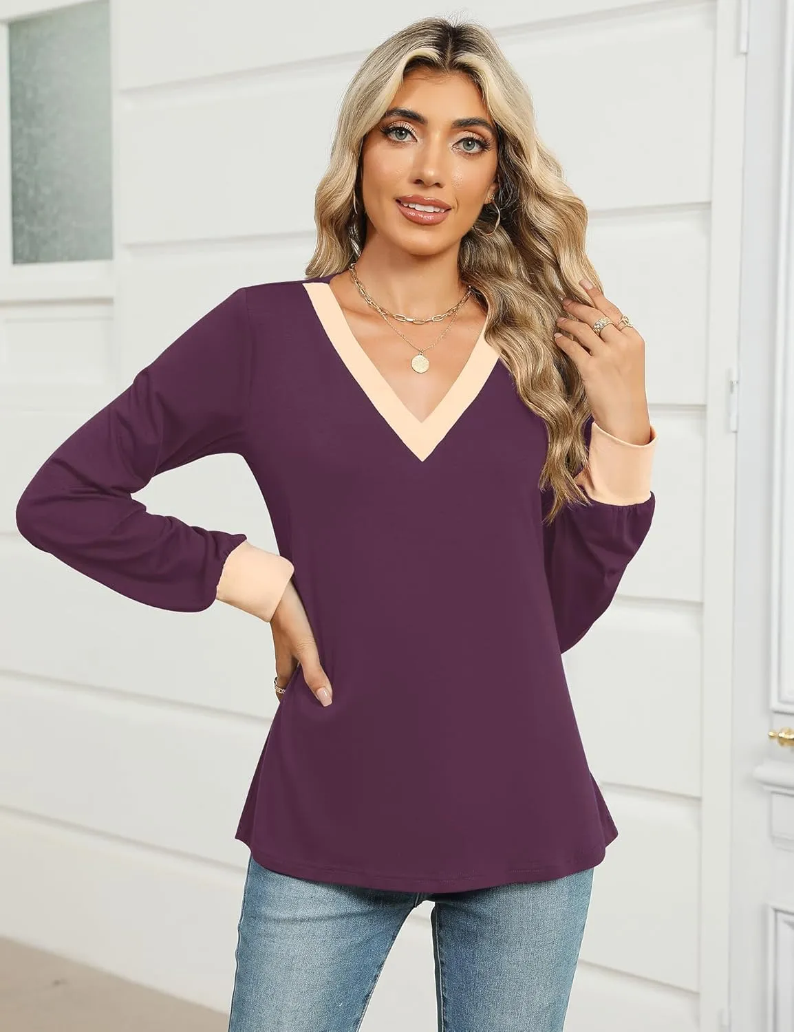 IECCP Women's V Neck Tunic Shirts Dressy Casual Color Block Tops Puff Long Sleeve Floral Blouses Relaxed Fit