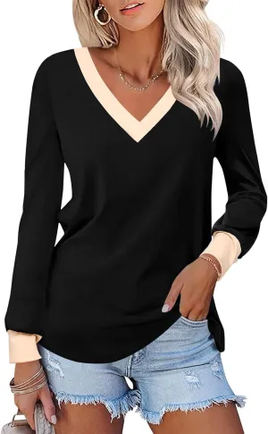 IECCP Women's V Neck Tunic Shirts Dressy Casual Color Block Tops Puff Long Sleeve Floral Blouses Relaxed Fit