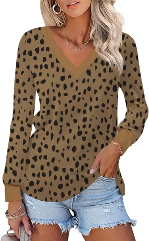 IECCP Women's V Neck Tunic Shirts Dressy Casual Color Block Tops Puff Long Sleeve Floral Blouses Relaxed Fit