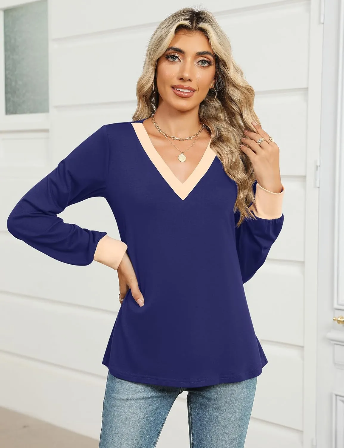 IECCP Women's V Neck Tunic Shirts Dressy Casual Color Block Tops Puff Long Sleeve Floral Blouses Relaxed Fit
