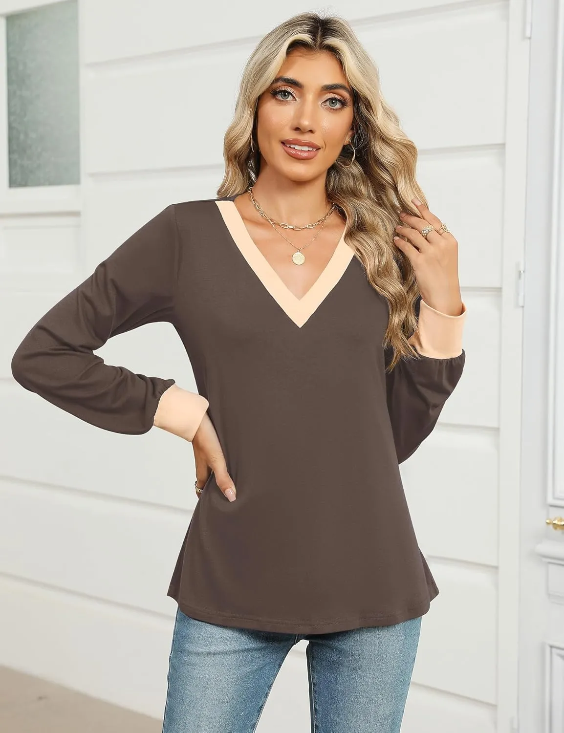 IECCP Women's V Neck Tunic Shirts Dressy Casual Color Block Tops Puff Long Sleeve Floral Blouses Relaxed Fit