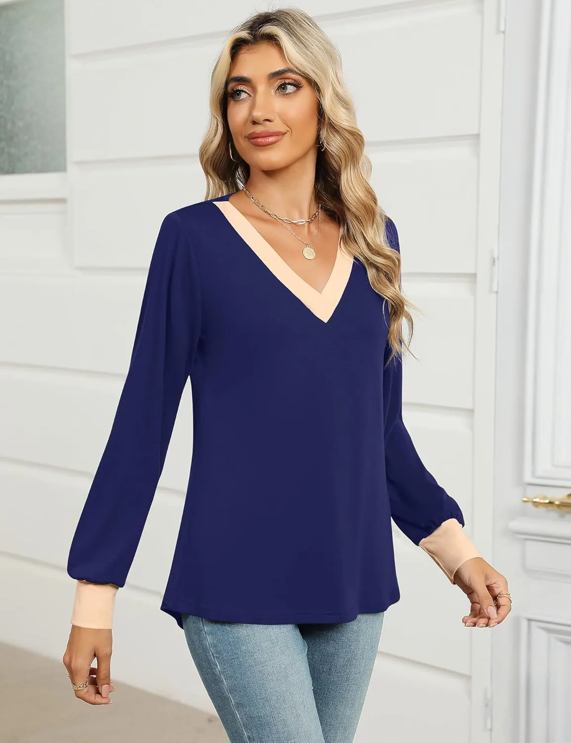 IECCP Women's V Neck Tunic Shirts Dressy Casual Color Block Tops Puff Long Sleeve Floral Blouses Relaxed Fit