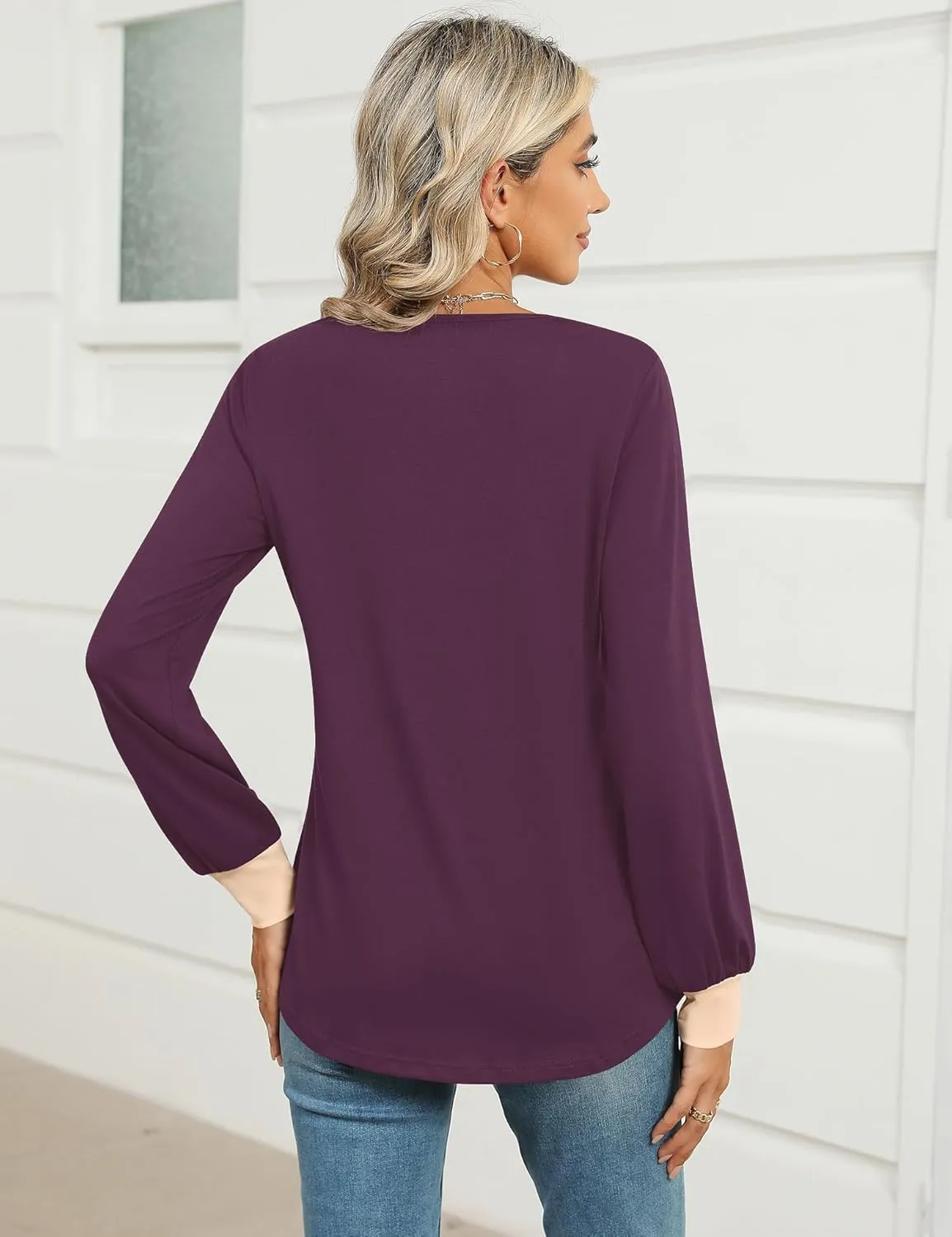 IECCP Women's V Neck Tunic Shirts Dressy Casual Color Block Tops Puff Long Sleeve Floral Blouses Relaxed Fit