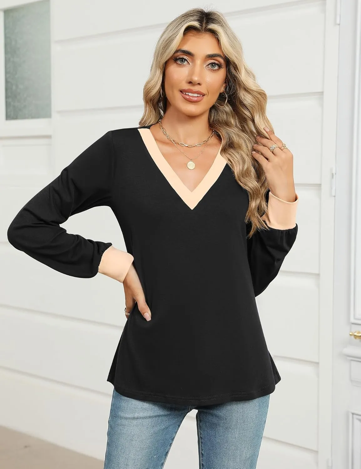 IECCP Women's V Neck Tunic Shirts Dressy Casual Color Block Tops Puff Long Sleeve Floral Blouses Relaxed Fit