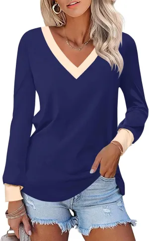 IECCP Women's V Neck Tunic Shirts Dressy Casual Color Block Tops Puff Long Sleeve Floral Blouses Relaxed Fit