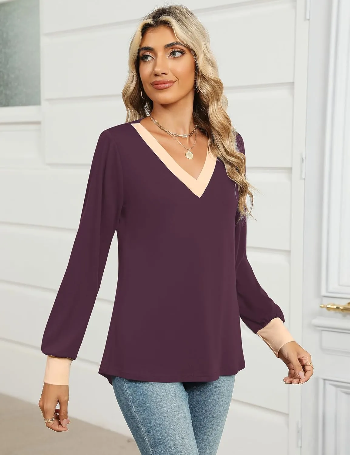 IECCP Women's V Neck Tunic Shirts Dressy Casual Color Block Tops Puff Long Sleeve Floral Blouses Relaxed Fit